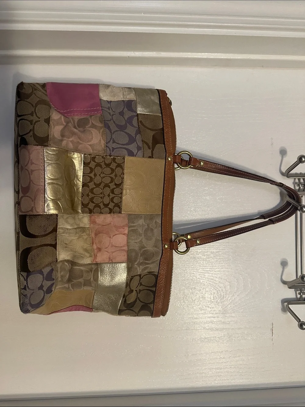 Coach Patchwork Signature Tote in Pink, Brown and Gold Metallic Accents